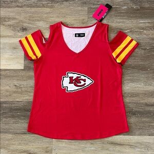 NWT NFL FOCO Kansas City Chiefs Women’s Cold Shoulder Shirt Top Red Size L
